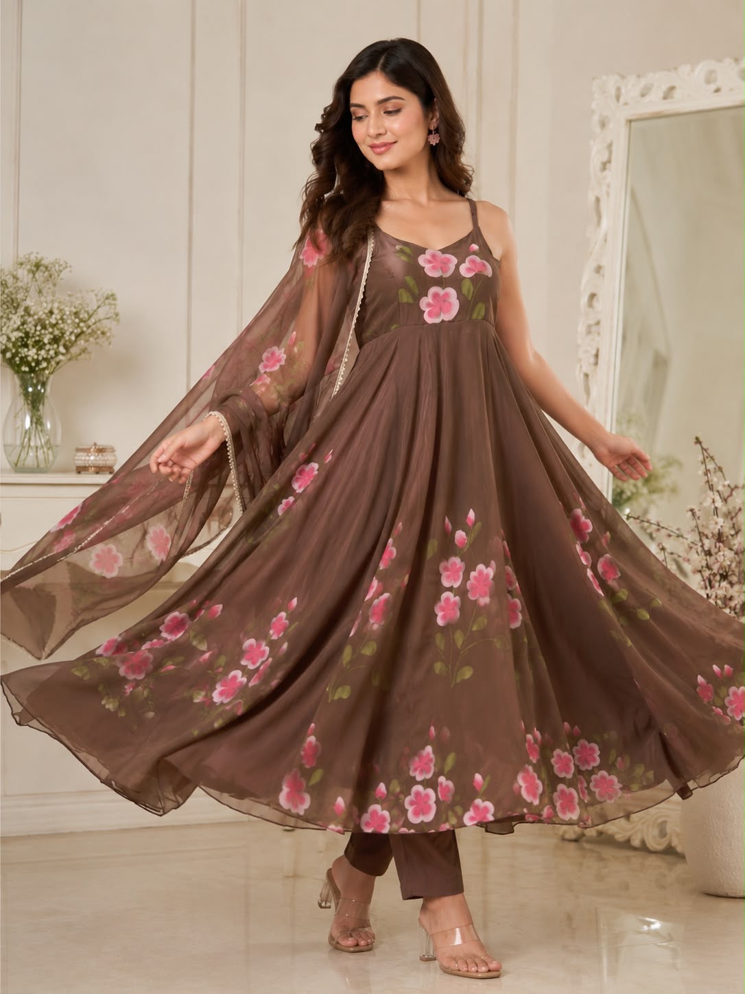 Brown floral printed Anarkali Set