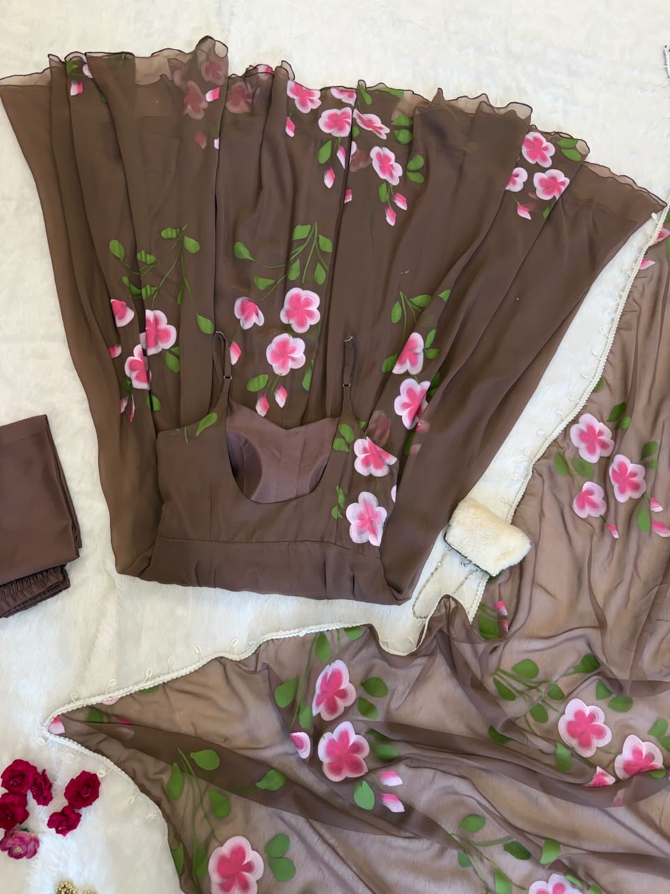 Brown floral printed Anarkali Set