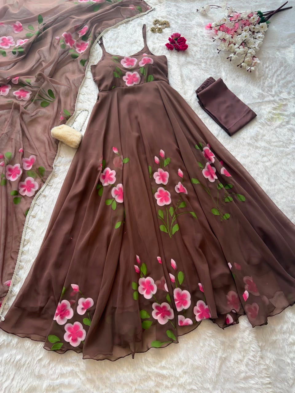 Brown floral printed Anarkali Set